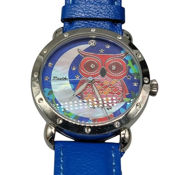 Bertha Ashley Owl Watch Crystal Bezel 38mm Silver Tone 7.5" Blue Leather Band - Picture 11 of 16